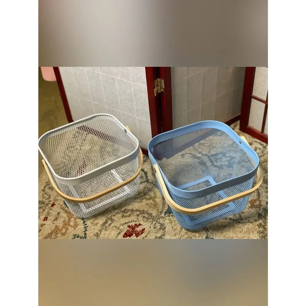 Blue & White Metal Storage Baskets with Natural Wood Handles - Home Accents